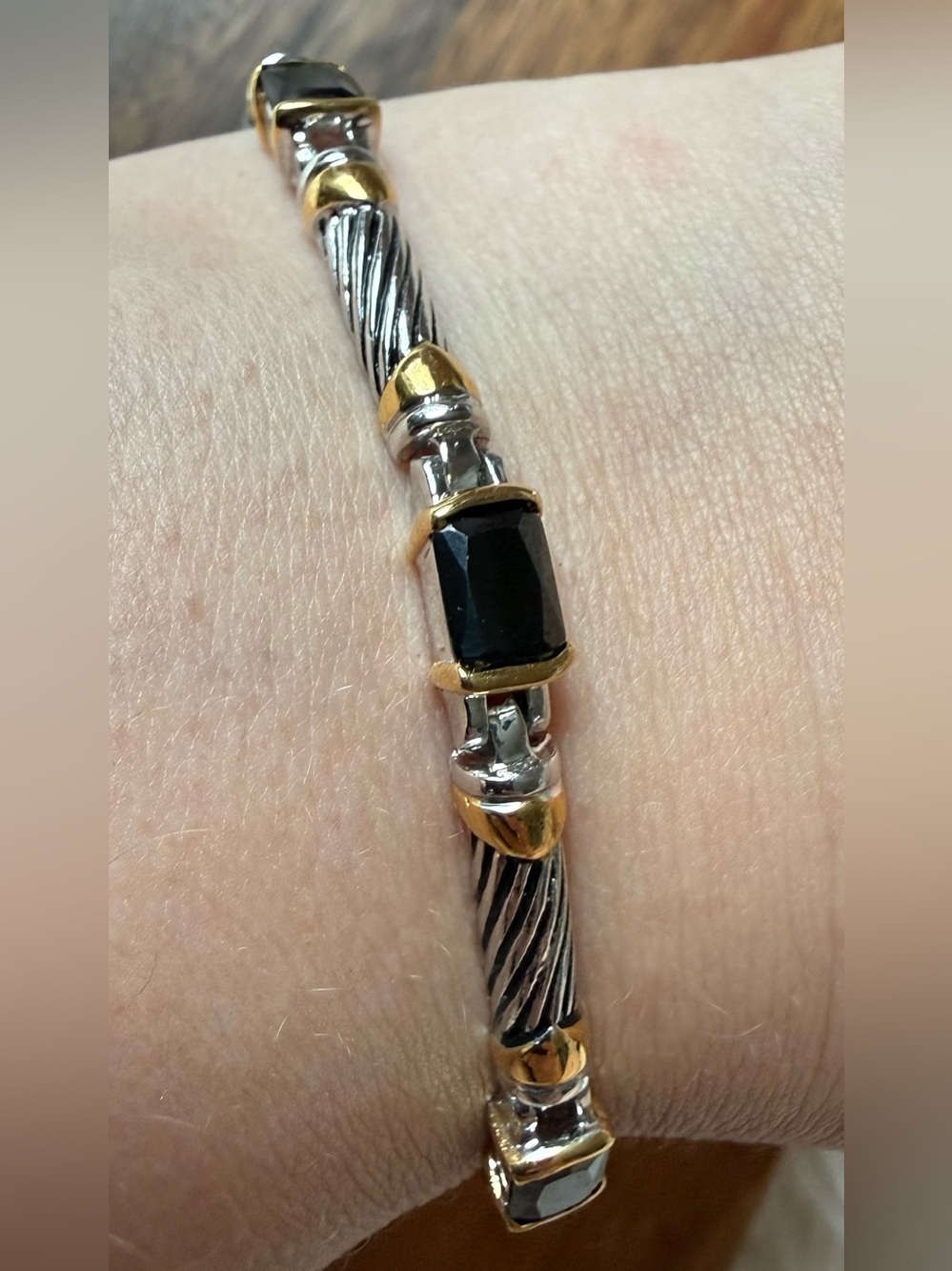 Vintage Two-Tone Gold & Silver Tone Cable Bracelet Black Hematite Gemstones